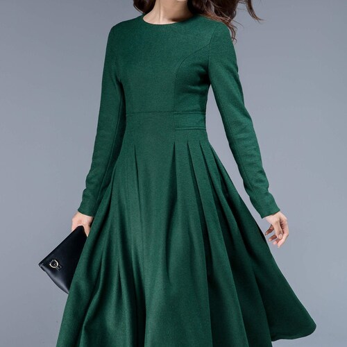 green dress, wool dress, midi dress, pleated dress, fit and flare dress, winter dress, elegant dress, womens dresses, plus size dress 1811#