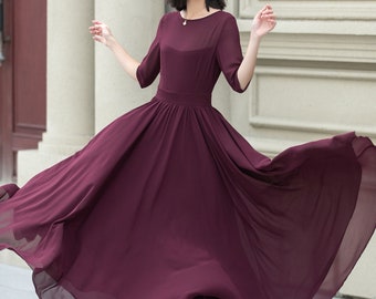 Maxi robe en mousseline de soie, robe ajustée et évasée en mousseline de soie, robe bordeaux pour femme, robe évasée d'été, robe de bal en mousseline de soie, robe personnalisée, Xiaolizi 5113