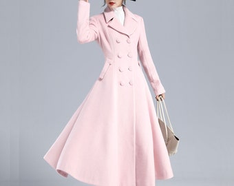 Retro Pink Wool Coat Women, Winter Coat, Fit and Flare Coat, Double Breasted Wool Swing Coat, Long Wool Coat, Princess Dress Coat 3240