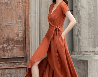 Short sleeve Orange Wrap Linen dress, Summer wrap Midi dress, Womens dress, Long Linen dress, Casual Linen dress, Handmade dress 4287#