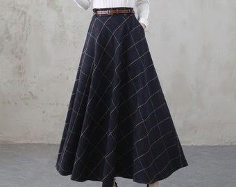 Vintage Inspired Long Wool Plaid Skirt, Blue A Line Maxi Skirt with Pockets, 1950s Long Wool Skirt, Warm Winter Skirts for Women 4001#