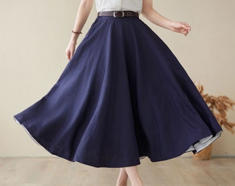 Linen skirt, Midi linen skirt, Swing skirt, Womens blue linen skirt, Spring long skirt, Circle linen skirt, Custom skirt, Xiaolizi 4971