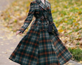 Wool Coat, Long Wool Coat, Plaid Wool Coat Women, A line Wool Coat, Fit and Flare Coat, Swing Coat, Princess Winter Coat, Xiaolizi 4730#