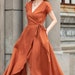 Rust Orange Linen Wrap Dress with Short Sleeves