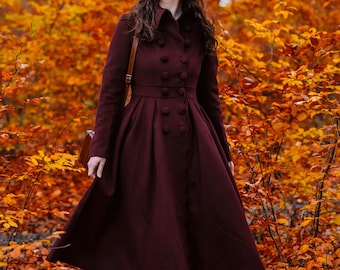 Abrigo de lana burdeos, abrigo princesa de lana, abrigo midi de lana para mujer, abrigo cruzado, abrigo de lana elegante, abrigo de invierno cálido, abrigo personalizado 4741#