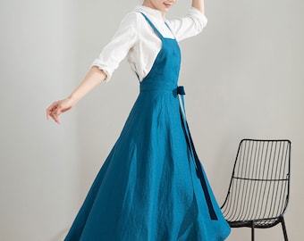 Woman Blue Linen Midi Pinafore Dress, Linen Apron Dress, Womens Linen Dress, Sleeveless Swing dress, Pleated Linen Dress, Custom dress 4202