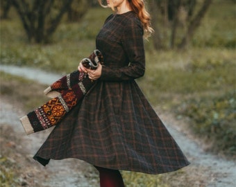 Wool long dress, Plaid Wool dress, Swing wool Dress, Long Sleeve Wool Dress, Fit and Flare Dress, Winter Dress, Custom Dress, Xiaolizi 4731