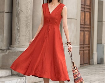 Robe en lin, robe midi en lin, robe d'été en lin, robe pour femme, robe évasée, robe sans manches, robe orange, robe sur mesure, Xiaolizi 2763