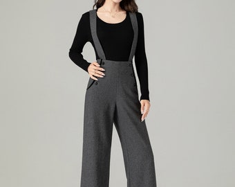 Pantalon en laine à bretelles grises femmes, pantalon à jambe droite automne-hiver, pantalon taille haute, pantalon à bretelles longues, pantalon sur mesure, Xiaolizi 4499 #