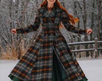 Wool Coat, Long Plaid Wool Coat, Wool Coat Women, A line Wool Coat, Fit and Flare Coat, Swing Coat, Princess Winter Coat, Xiaolizi 4839