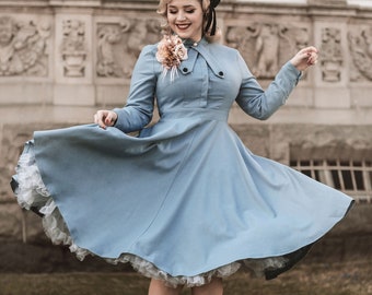 Wool Dress, Vintage Inspired Wool Dress, Long Sleeves Swing