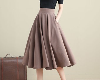 Khaki Swing Linen Skirt, A Line Full Skirt, High Waist Flared Skirt for Women, Flowy Circle Skirt with Pockets, Retro Knee Length Skirt 3281