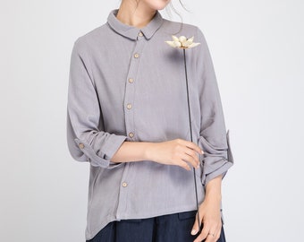 Long sleeve Linen shirt, Linen collared shirt, gray tunic shirt, womens Linen shirt, button up shirt, long sleeves top, linen blouse 1921#