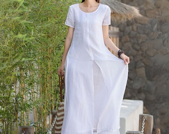 Robe en lin blanche, robe longue en lin, robe pour femme, robe d'été, robe en lin grande taille, robe décontractée, robe sur mesure, Xiaolizi 2875