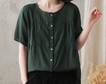 Green Lantern Sleeve Cotton Linen Tops, Short Sleeve T-Shirt, Summer Boat Neck Blouses for Women, Loose Fit Tops, Soft Comfortable Tops 2734