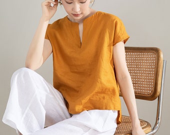 Yellow Linen Shirt, Womens Linen Top, Short Sleeve Casual Linen Blouse, Organic Linen Top, Plus Size Linen, Custom Shirt, Xaolizi 4207#