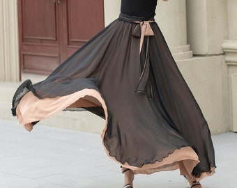 Black Chiffon Maxi Skirt Women, Swing Full Circle Skirt, Boho Maxi Skirt, Elastic Waist Chiffon Skirt with Belted, Plus Size Skirt 5107