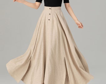 Linen Skirt, Long Skirt, Maxi Skirt, Beige linen Skirt, A-Line Linen Skirt, Swing Skirt, Women Linen Skirt, High Waist Skirt, Xiaolizi 4931#