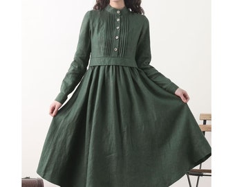 Robe en lin, Robe en lin verte, Robe midi en lin, Robe chemise en lin, Robe pour femme, Robe de printemps, Robe trapèze, Robe sur mesure, Xiaolizi 2576