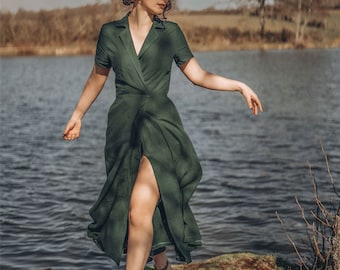 Short sleeve Green Wrap Linen dress, Summer wrap Maxi dress, Womens dress, Long Linen dress, Casual Linen dress, Handmade dress 2363#