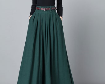 Long Maxi skirt work outfit, Long Linen skirt, High waist Long A -Line pleated Swing skirt with pocket, Green skirt, Full skirt 2536#