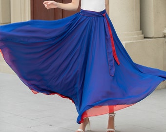 Maxi jupe en mousseline de soie pour femme, jupe en mousseline rouge et bleue, jupe évasée circulaire, jupe bohème à taille élastique avec ceinture, jupe grande taille 5108