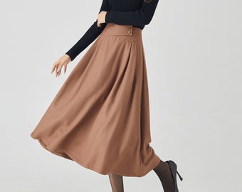 Wool Skirt, Midi Wool Skirt, High Waist Wool Skirt, Brown