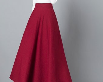 Red maxi skirt, Linen skirt, Maxi cotton Linen skirt, Elastic waist Linen skirt, A line skirt, High waist skirt, Spring skirt 2542#