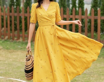 Linen dress, Swing Linen Dress, Wrap dress, Short sleeve floral midi dress, Fit and Flare Dress, Women Modest Linen Dress, Xiaolizi 4947