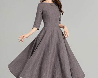 Linen dress, Modest Midi dress, Half Sleeve Linen Swing dress, Womens linen dress, fit and flare dress, Custom party dress, Xiaolizi  4961