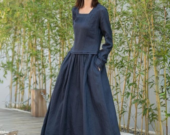 Maxi robe en lin, robe de printemps en lin, robe pour femme, robe décontractée, robe en lin grande taille, robe à manches longues, robe sur mesure, Xiaolizi 2874