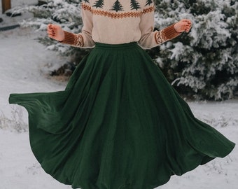 Wool Skirt, Green Midi Wool Skirt, Circle Skirt, Swing Skirt, Inspired Pleated Skirt, High Waist Skirt, Autumn Winter skirt, Xiaolizi 4838