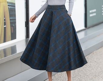 Wool Skirt, Plaid Wool Skirt, Women's Wool Skirt, Long Skirt, A-Line Wool Skirt, Swing Skirt, Wool Skirt with Pockets, Handmade Skirt 4164