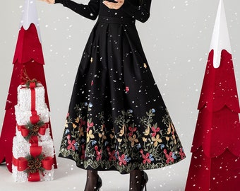 Black Maxi Embroidered Wool Skirt, High Waisted Skirt, A Line Skirt, Winter Wool Skirt, Wool Skirt for Women, Custom Skirt, Xiaolizi 4612#