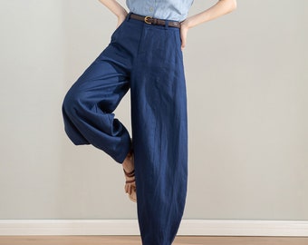 Blue Baggy Linen Pants, Tapered Linen Pants, Wide Leg Linen