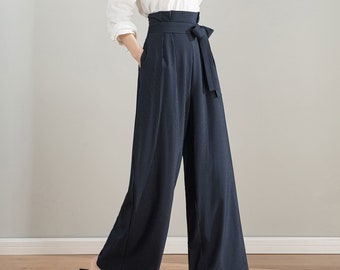 Womens Palazzo Belted Pants, High Waisted Long Trousers, Dark Blue