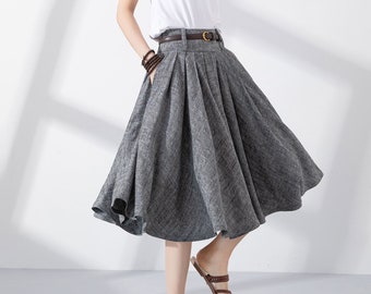 Women Pleated Circle Knee Length Linen Skirt, Swing Midi Skirt, A Line Flare skirt, Gray skirt, Vintage Summer skirt, Custom Skirt 4219#