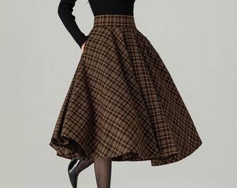 Midi-Woll-Karorock, Swing-Wollrock, Woll-Kreisrock, Winter-Herbst-Rock für Damen, hoch taillierter Wollrock, Retro-Tartan-Wollrock 4498