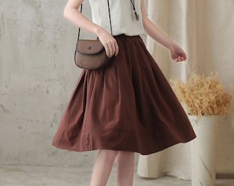 Elastic waist circle Linen Skirt in brown, Linen midi skirt, Pleated skirt, Women Skirt, Spring Summer Skirt, Xiaolizi, Handmade Skirt 2827