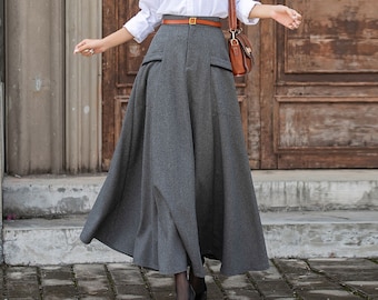 Long wool skirt, A-Line wool Maxi Skirt, Wool skirt women, Winter wool Skirt With Pockets, Plus size skirt, Custom skirt, Xiaolizi 3854#