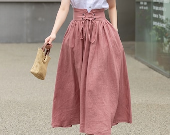 Pink Linen skirt, Long linen skirt for women, pleated linen maxi skirt, High waist Swing skirt with pockets, Womens skirt, Xiaolizi 4261#
