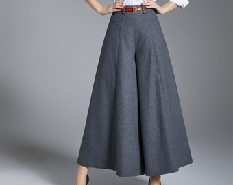 Pantalones palazzo anchos de lana gris - Pantalones de invierno personalizados, Xiaolizi n.° 3889