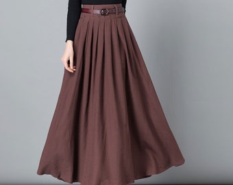 Brown Linen Skirt, Long Maxi Skirt Work Outfit, Long Linen