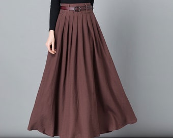 Brown Linen skirt, Long Maxi skirt work outfit, Long Linen skirt, High waist Long pleated Swing skirt with pocket, Full skirt 2539#