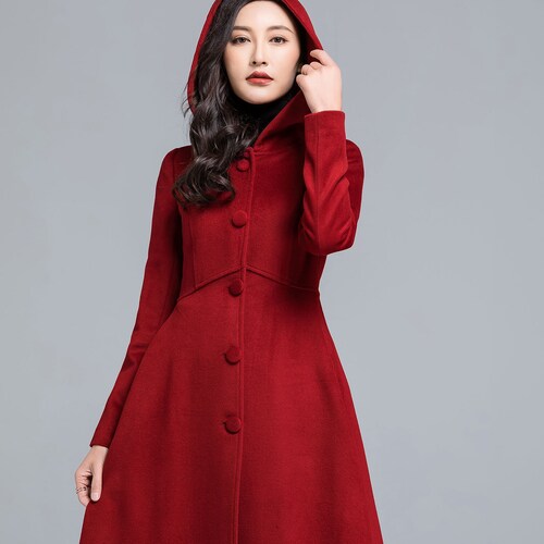 Women's Winter Single Breasted Wool Coat Red Swing Hooded | Etsy
