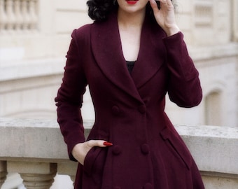 Burgundy Swing Wool coat, Vintage 1950s Princess coat, Double Breasted Winter coat, Custom Long coat, A line coat women, Xiaolizi 4086