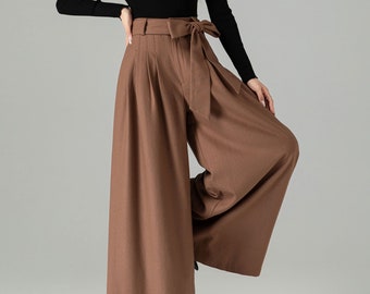 Wide Leg Wool Pants, Long Wool pants, Belted Wool Palazzo Trousers, Women's Pleated Wool Pants, High Waisted Wool Pants, Xiaolizi 4504#