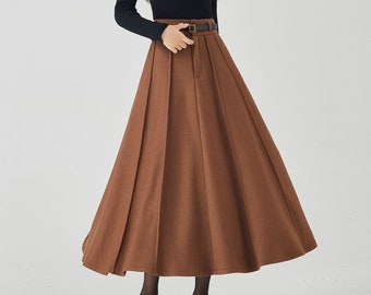 Midi Wool Skirt, Long Pleated Wool Skirt, Brown Swing Wool Skirt, Womens High Waisted Skirt, Autumn Winter Skirt, Custom Skirt,Xiaolizi 4531