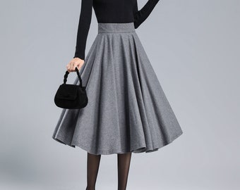 Gray Wool Skirt, Wool Circle Skirt, Wool Midi Skirt Women, Pleated Winter Skirt with Pockets, A Line Flared Skirt, Minimalist Skirt 3168