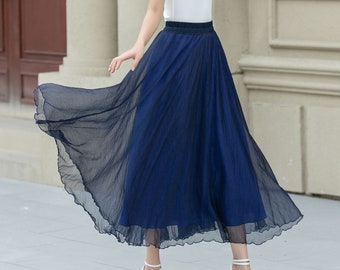 Chiffon midi Skirt, Blue Summer chiffon Skirt Women, Swing Circle skirt, Pleated Elastic Waist Chiffon Skirt, Custom skirt, Xiaolizi 5109